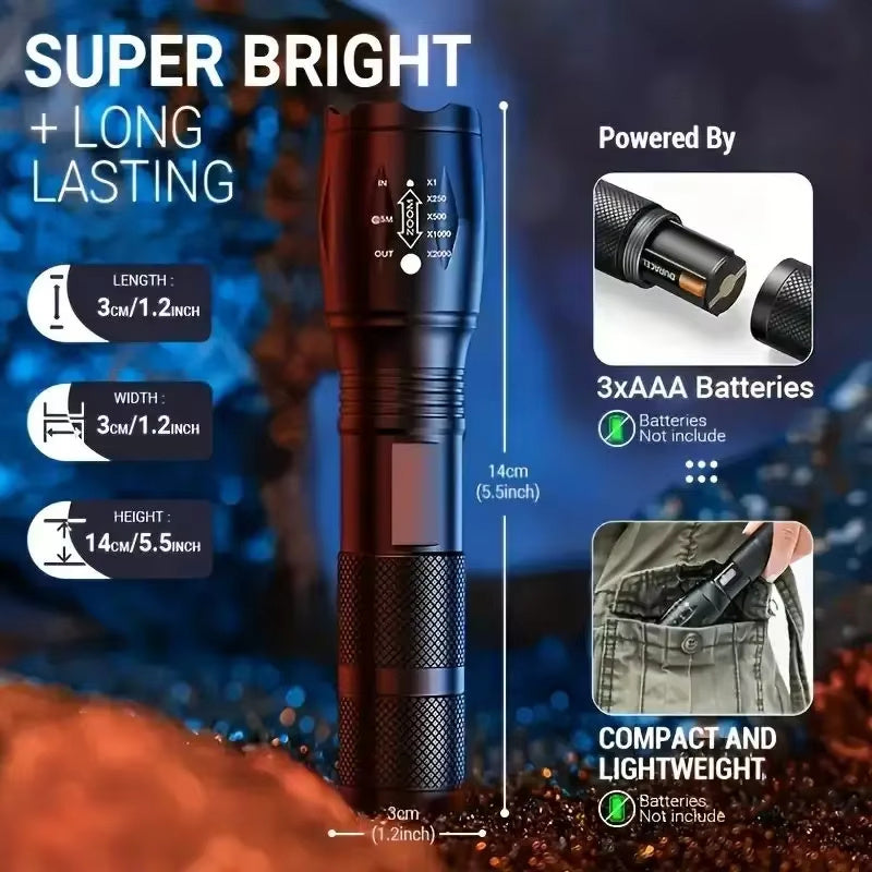 High Power LED Tactical Flashlight 5-Mode Light Zoom Waterproof Portable Torch For Camping Hiking Outdoor Hunting