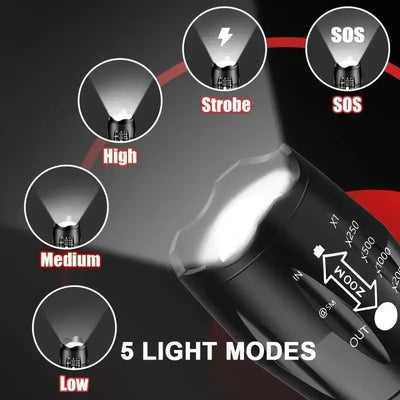 High Power LED Tactical Flashlight 5-Mode Light Zoom Waterproof Portable Torch For Camping Hiking Outdoor Hunting